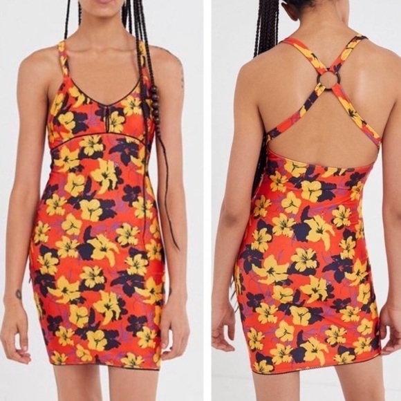 Urban Outfitters Women M Hibiscus Floral Print Strappy Back Tail Whip Mini Dress - Picture 1 of 10
